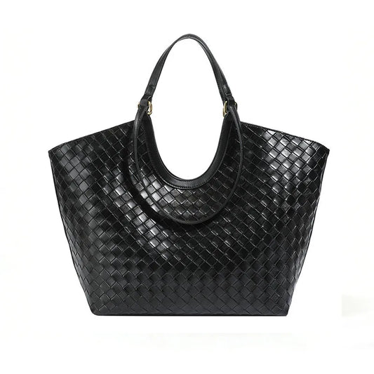 Black woven texture tote bag front view