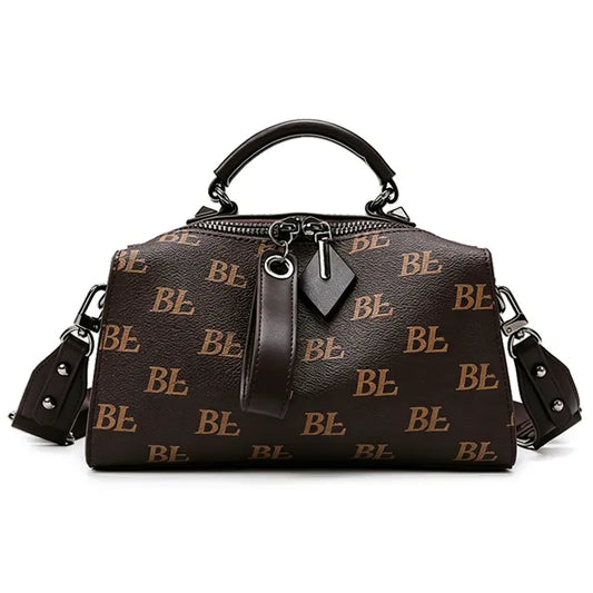 women's barrel handbag wholesale coffee color front view BL print design