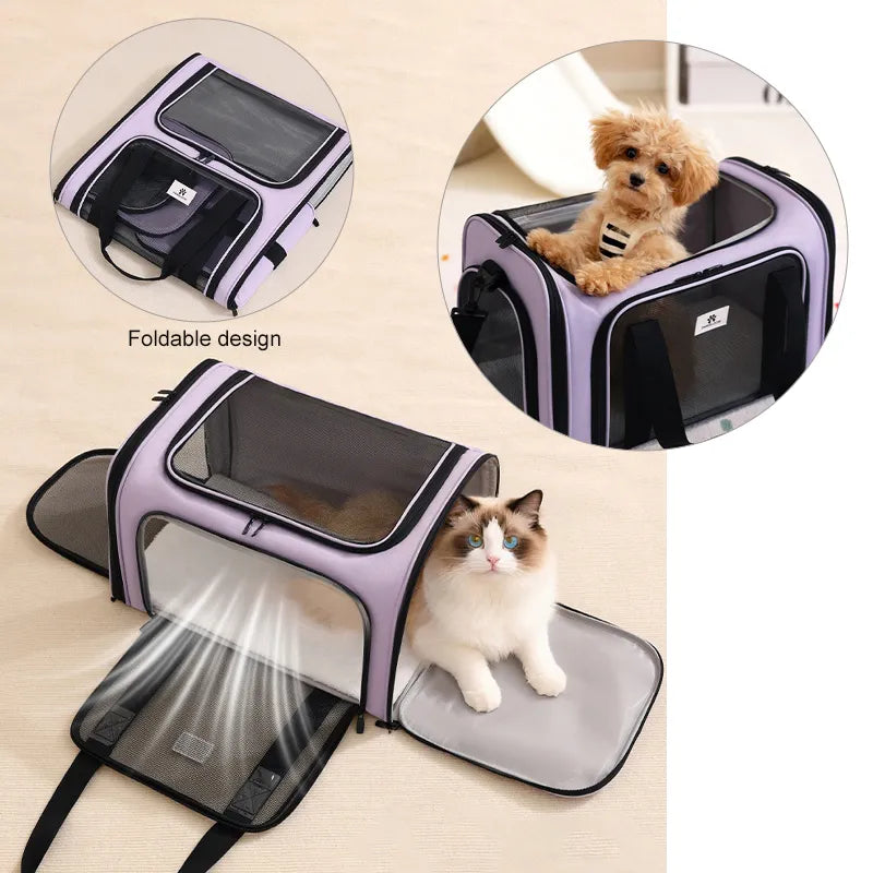 Lavender foldable pet carrier shown open with removable padded mat and side entry