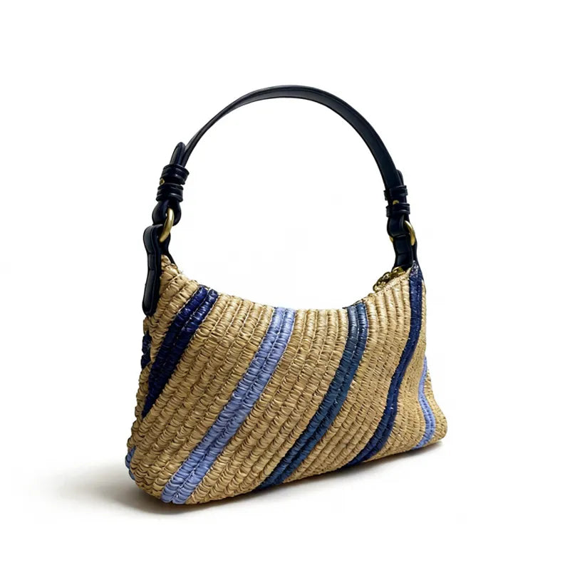 raffia straw shoulder bag beige blue stripes 360 view