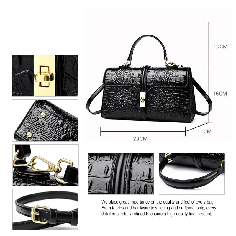 Croc texture PU handbag surface and stitching detail