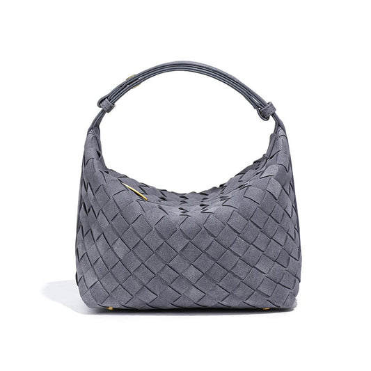 Blue matte PU woven handbag with structured silhouette and anti-wear bottom, ideal for OEM handbag manufacturing.