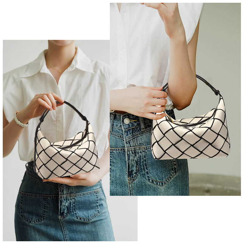Fashion model carrying lightweight custom nylon handbag with adjustable strap, perfect for daily use or private label.