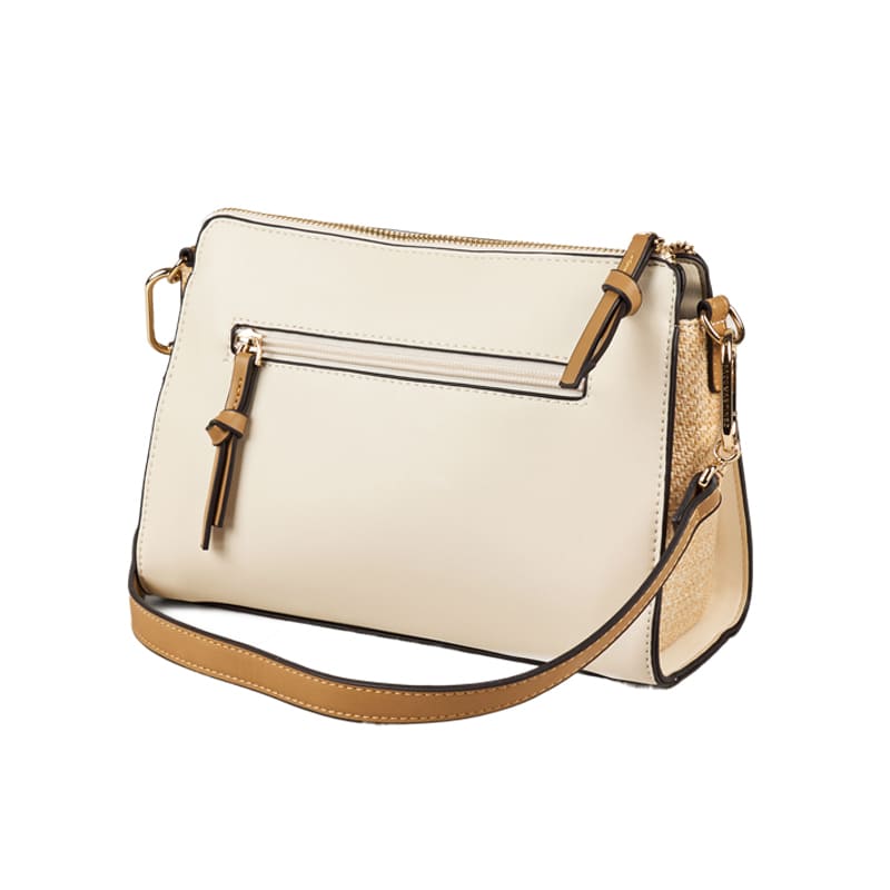 High-quality shoulder bag featuring raffia texture and brown synthetic leather, designed for bulk OEM/ODM customization projects.