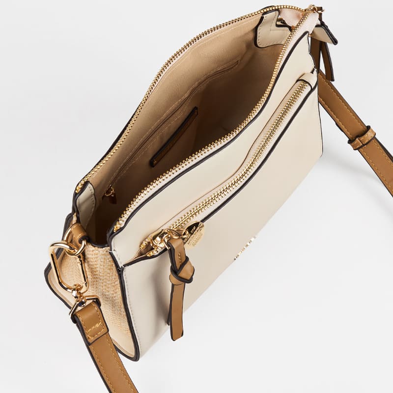 Fashionable natural beige shoulder bag with removable long strap, offering custom design and branding options for private label clients.