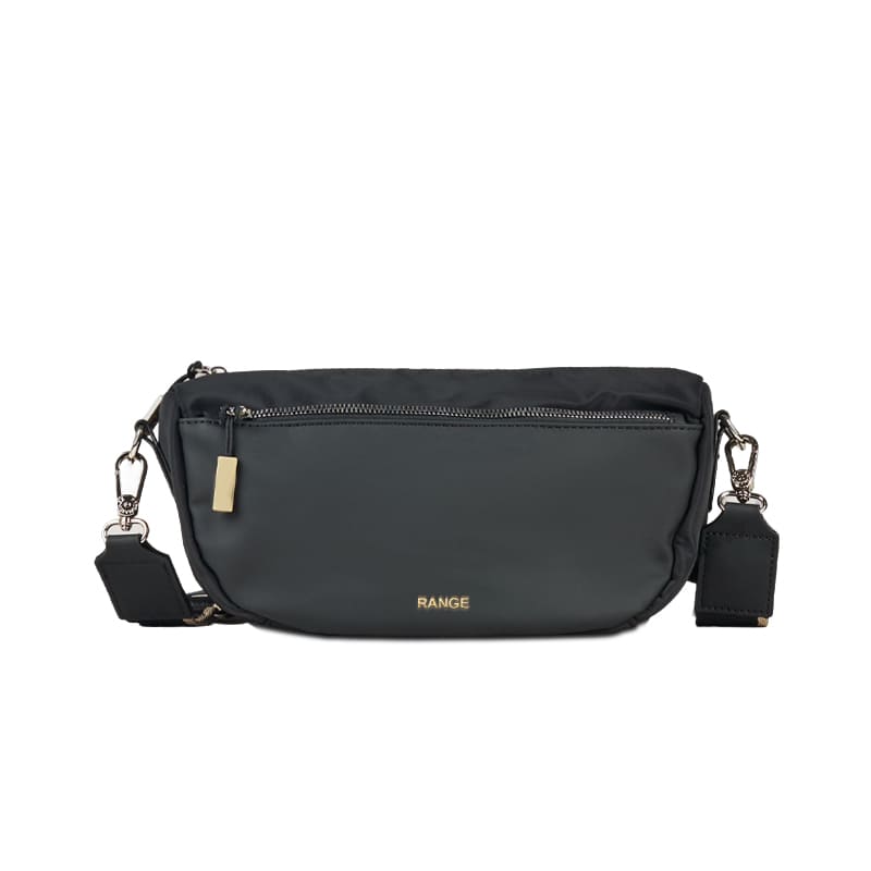 Trendy black nylon crescent shoulder bag with brown suede details, available for custom OEM and ODM manufacturing.