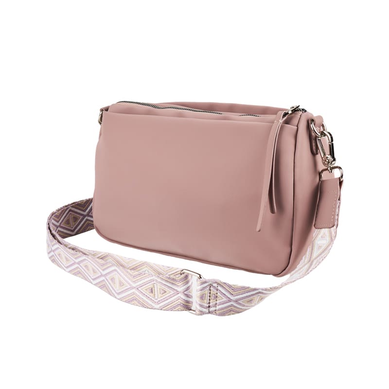 Fashionable camel shoulder bag with reinforced stitching and multiple zip pockets, ideal for customized production services.