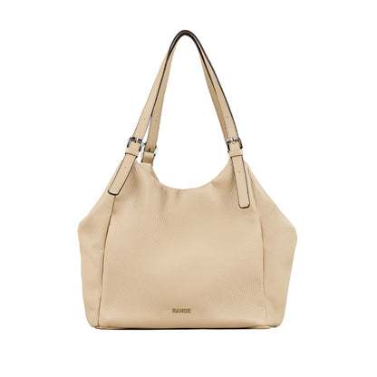 Spacious camel beige eco-leather shopper shoulder bag with double adjustable handles, available for OEM and ODM customization.