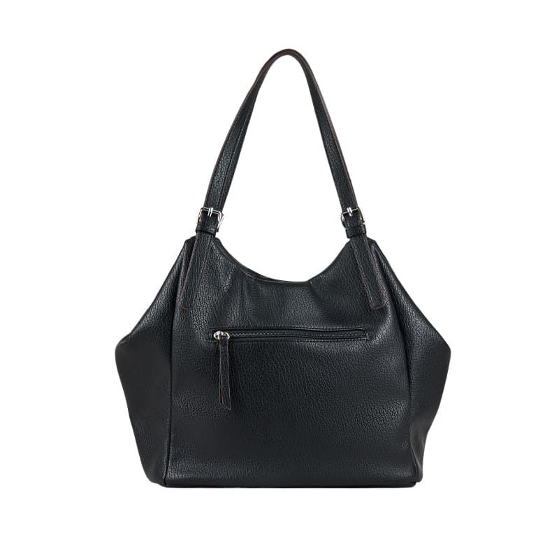 Large capacity synthetic leather shoulder bag featuring a main zippered compartment and back pocket, designed for private label production.