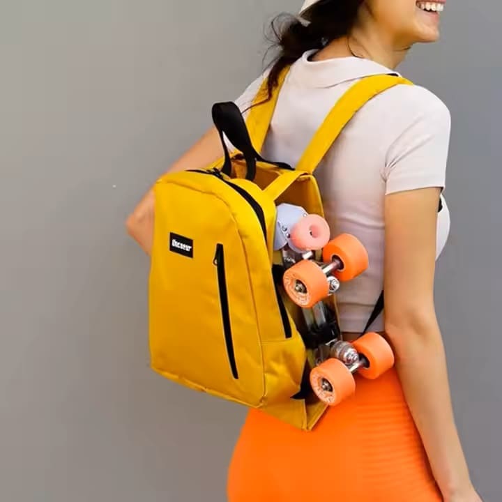 Model show the stylish and functional oxford skate backpack with zipper and hasp closure, perfect for customized manufacturing services.