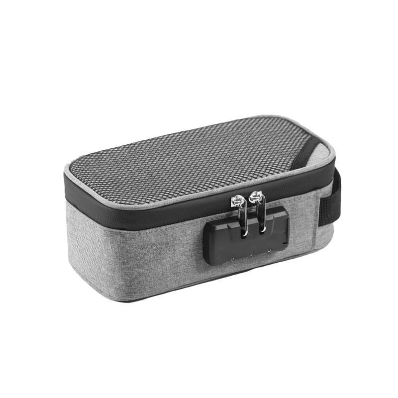 Grey smell proof storage bag with combination lock and odor-control lining, custom-designed for secure OEM packaging solutions.