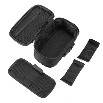 Interior compartment of smell proof pouch with activated carbon layers and polyester lining, designed for long-term odor isolation.