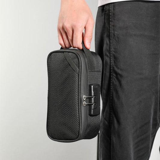 Portable smell proof case with comfortable handle and secure combo lock, ideal for travel kits and OEM private label projects.