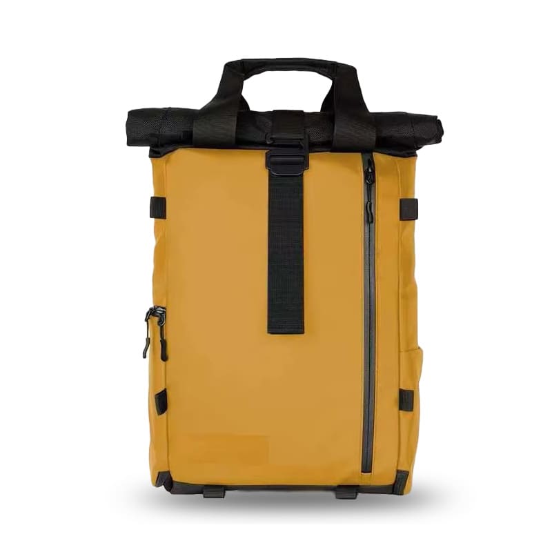 Weatherproof yellow camera backpack with built-in cube and laptop sleeve, co-developed by UNCOEUR and RANGE for OEM production.