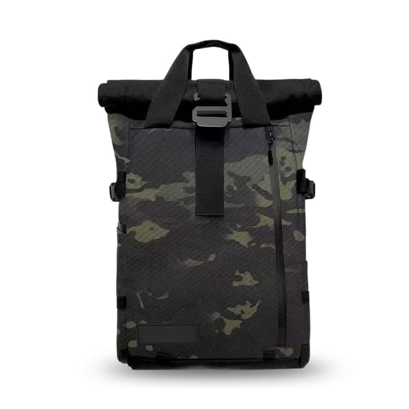 Weatherproof Camouflage camera backpack with built-in cube and laptop sleeve, co-developed by UNCOEUR and RANGE for OEM production.