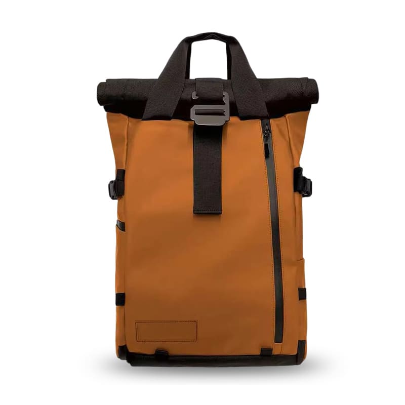 Weatherproof orange camera backpack with built-in cube and laptop sleeve, co-developed by UNCOEUR and RANGE for OEM production.