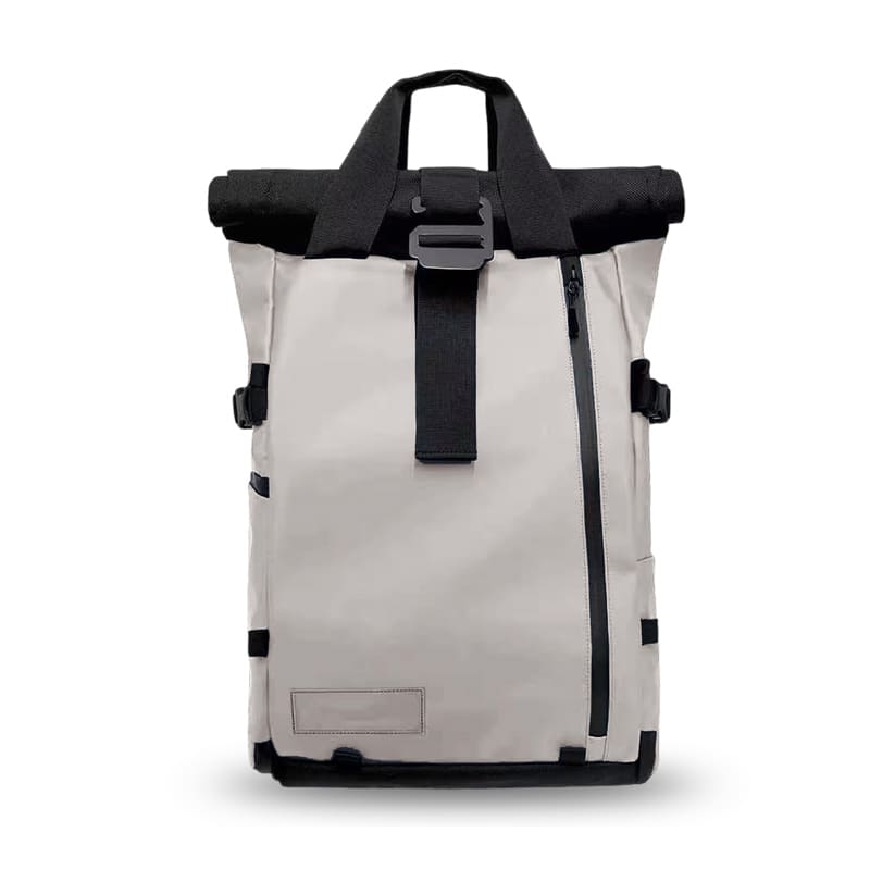 Weatherproof beige camera backpack with built-in cube and laptop sleeve, co-developed by UNCOEUR and RANGE for OEM production.