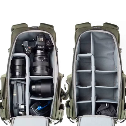 12L weather-resistant camera backpack with built-in protective cube and laptop sleeve, ideal for OEM manufacturing.