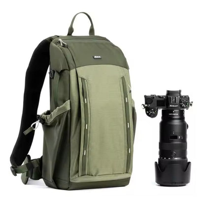 Professional photography bag with quick side access and magnetic handles, made from tarpaulin and ballistic nylon.