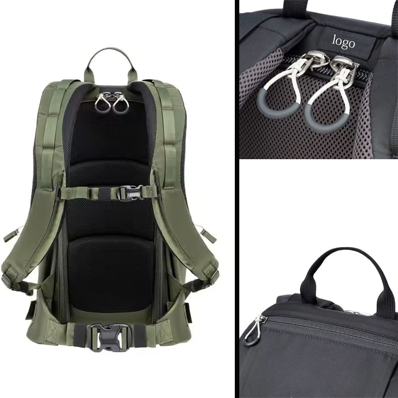 Durable camera daypack with MOLLE shoulder straps and reinforced stitching, tailored for private label brands.