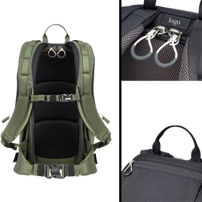 Durable camera daypack with MOLLE shoulder straps and reinforced stitching, tailored for private label brands.