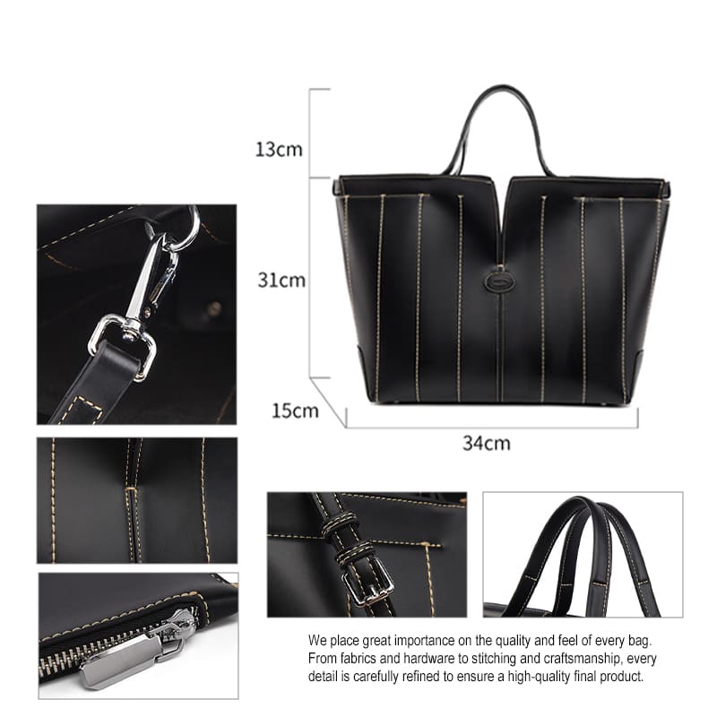High quality PU work tote bag stitching and zipper detail