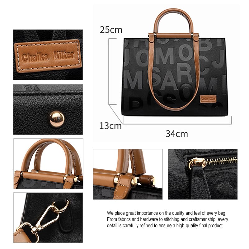 Letter embossed PU handbag texture and metal feet detail