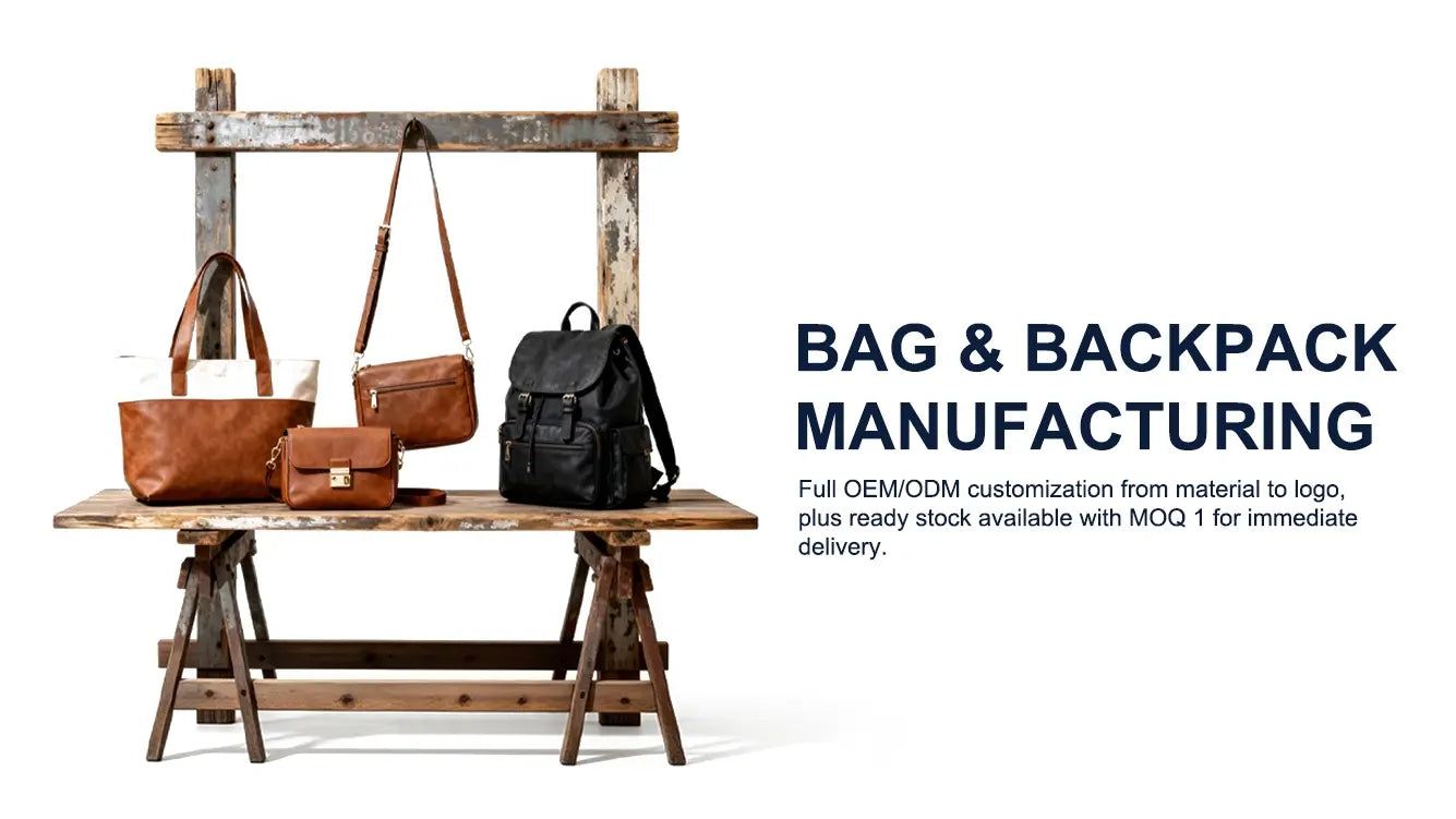 RANGE OEM and ODM custom bag manufacturing—showcasing premium backpacks, handbags, and travel bags produced by our Guangzhou factory for global brand partners. Full OEM/ODM customization from material to logo, 
plus ready stock available with MOQ 1 for immediate delivery.