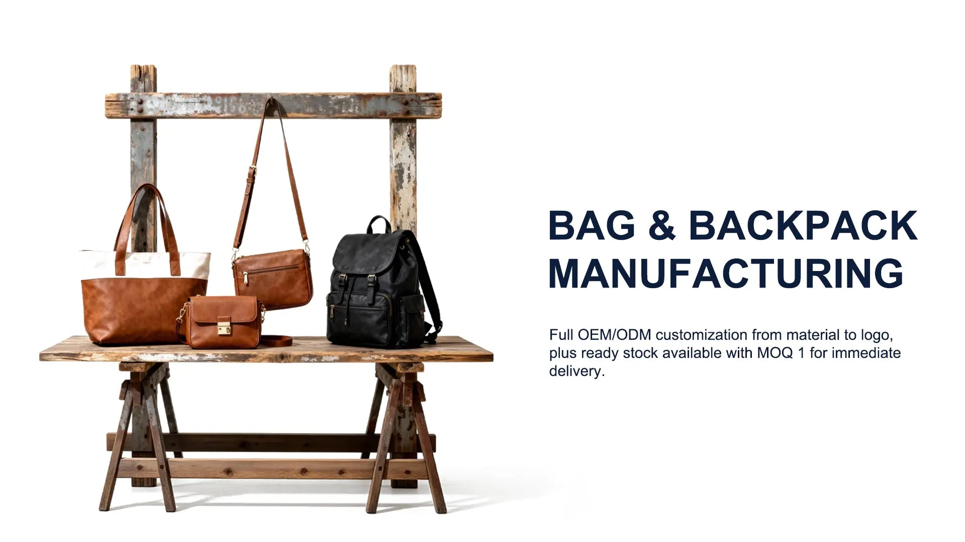 RANGE OEM and ODM custom bag manufacturing—showcasing premium backpacks, handbags, and travel bags produced by our Guangzhou factory for global brand partners. Full OEM/ODM customization from material to logo, 
plus ready stock available with MOQ 1 for immediate delivery.