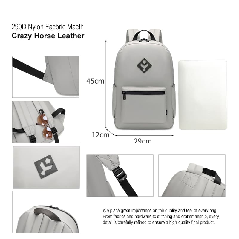Backpack with crazy horse leather handle and waterproof zipper