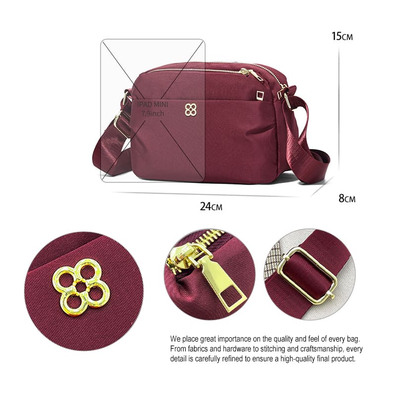 Nylon sling bag pocket details and stitching