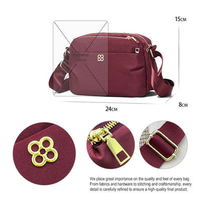 Nylon sling bag pocket details and stitching