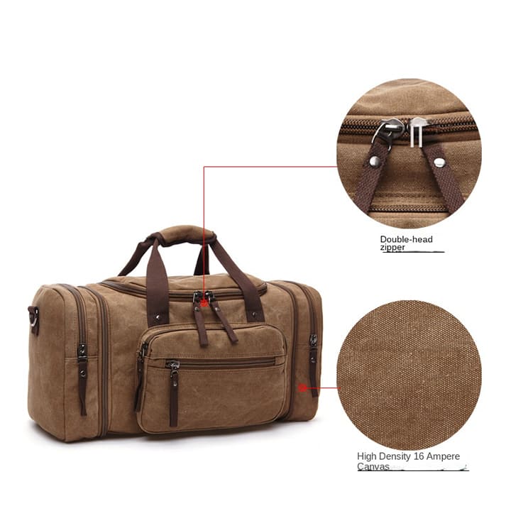 Spacious and durable canvas duffel bag featuring front, back, and side zip pockets, tailored for OEM orders.