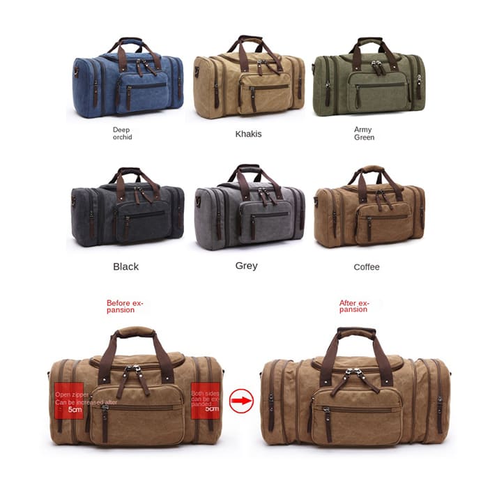 Travel-ready water-resistant canvas duffel bag with anti-wear bottom, ideal for private label and ODM production.