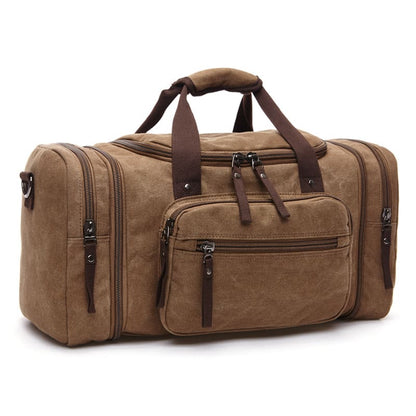 Water-resistant brown canvas duffel bag with multiple compartments, available for OEM and ODM customization.