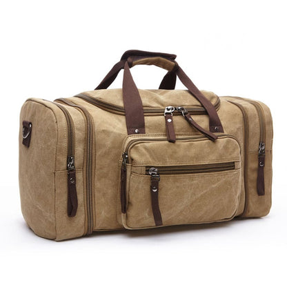 Water-resistant light brown canvas duffel bag with multiple compartments, available for OEM and ODM customization.