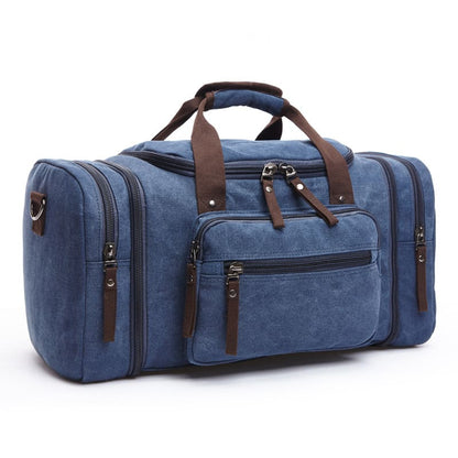 Water-resistant blue canvas duffel bag with multiple compartments, available for OEM and ODM customization.