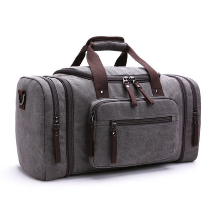 Water-resistant grey canvas duffel bag with multiple compartments, available for OEM and ODM customization.