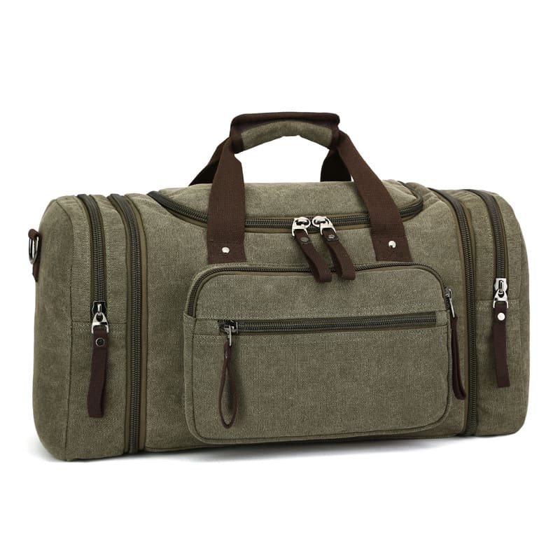 Water-resistant green canvas duffel bag with multiple compartments, available for OEM and ODM customization.