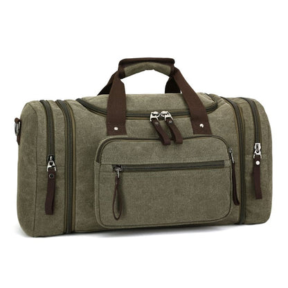 Water-resistant green canvas duffel bag with multiple compartments, available for OEM and ODM customization.