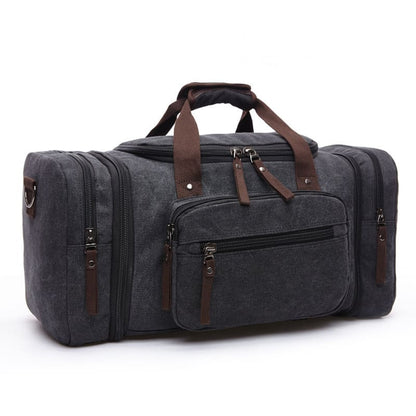 Water-resistant black canvas duffel bag with multiple compartments, available for OEM and ODM customization.