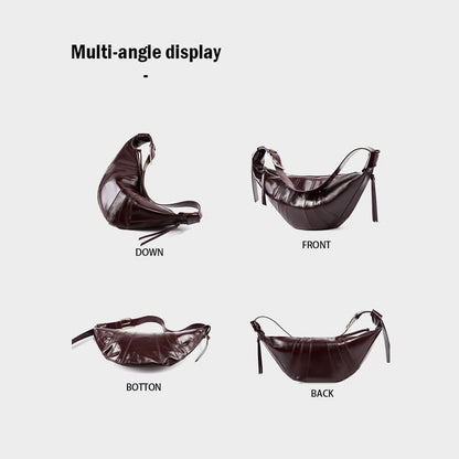 A Coffee Women Genuine Leather Horn-Shaped Shoulder Personalized Crossbody Bag Multi angle display