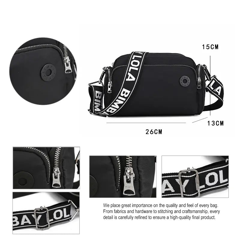 nylon crossbody bag black - front view - quality metal zippers