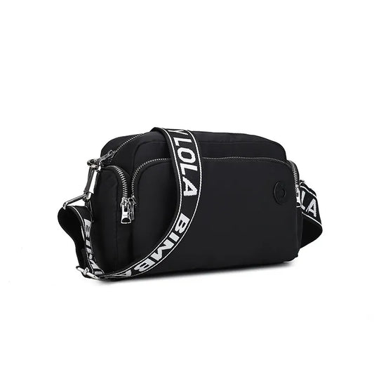 nylon crossbody bag black - front view - adjustable shoulder strap
