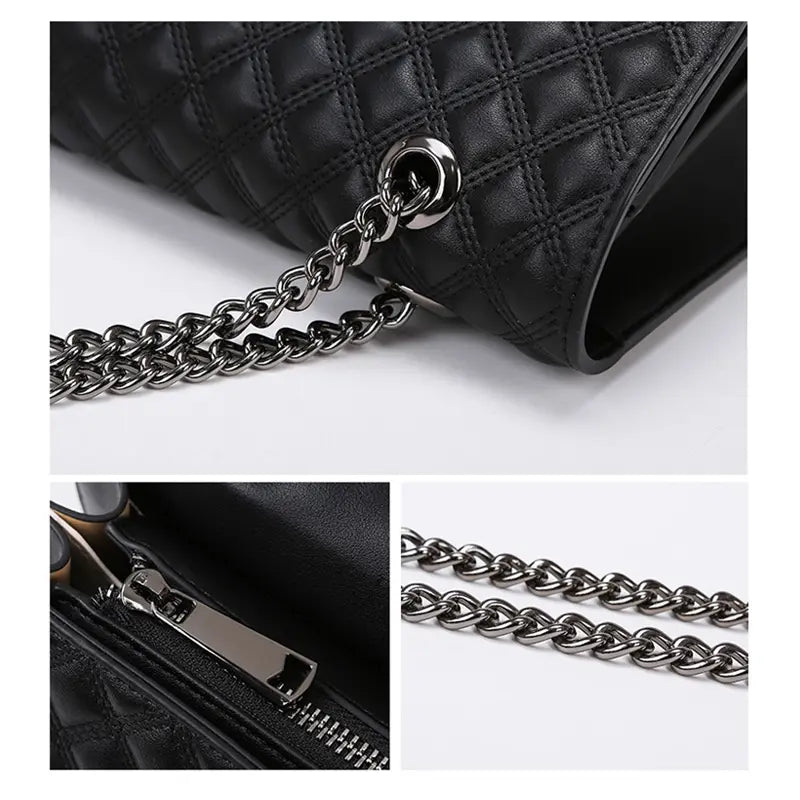 Metal lock detail on quilted PU handbag