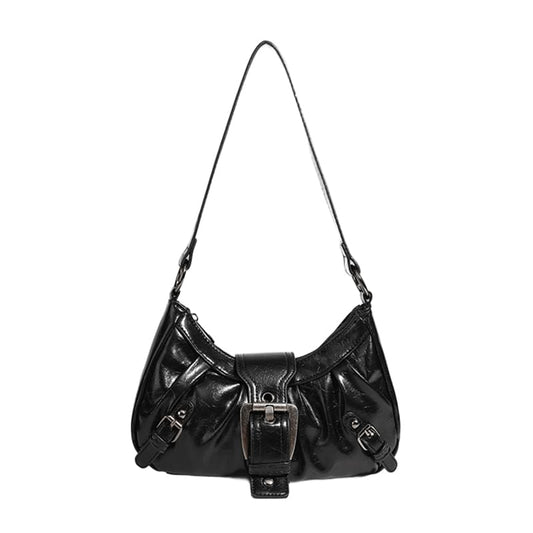 Retro underarm shoulder bag with vintage metal buckle PU-Black
