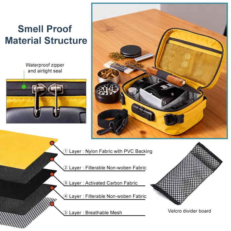 Smell proof hidden compartment bag adjustable divider layout