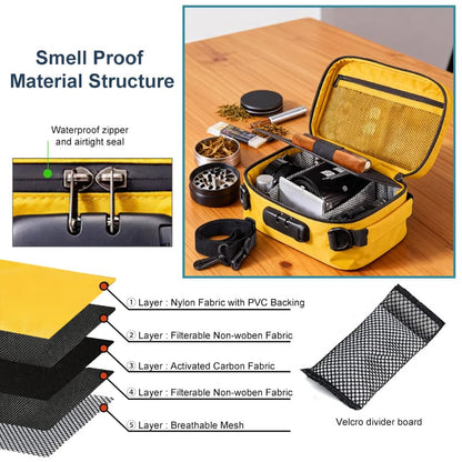 Smell proof hidden compartment bag adjustable divider layout