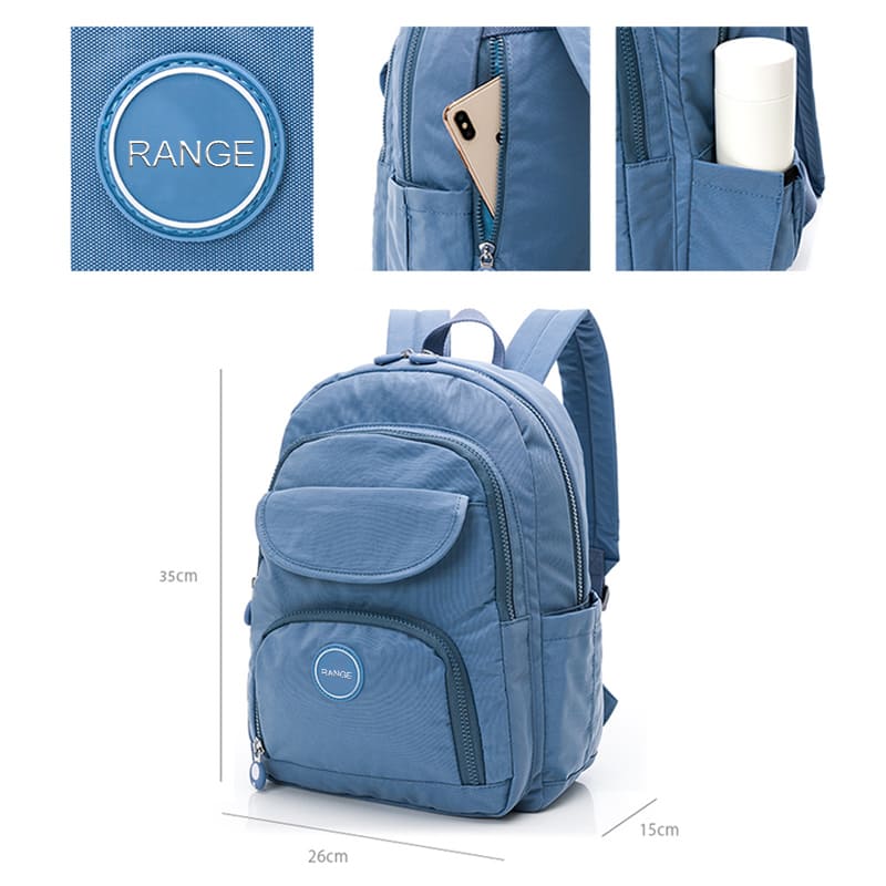 Custom nylon backpack with multi-storage compartments and padded laptop sleeve and size.