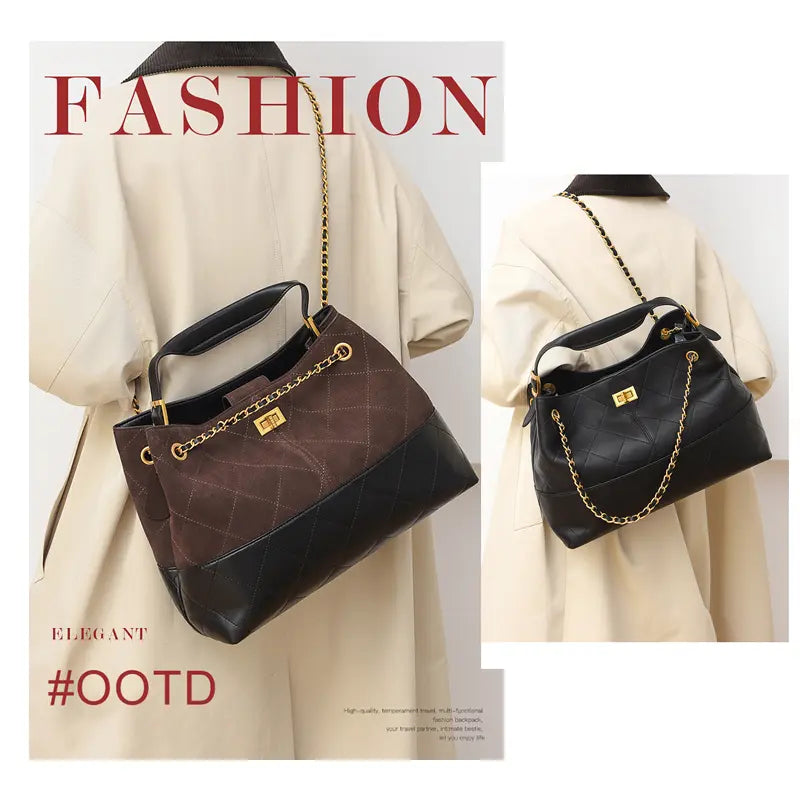 Woman wearing vintage shoulder handbag for autumn winter commuting outfit